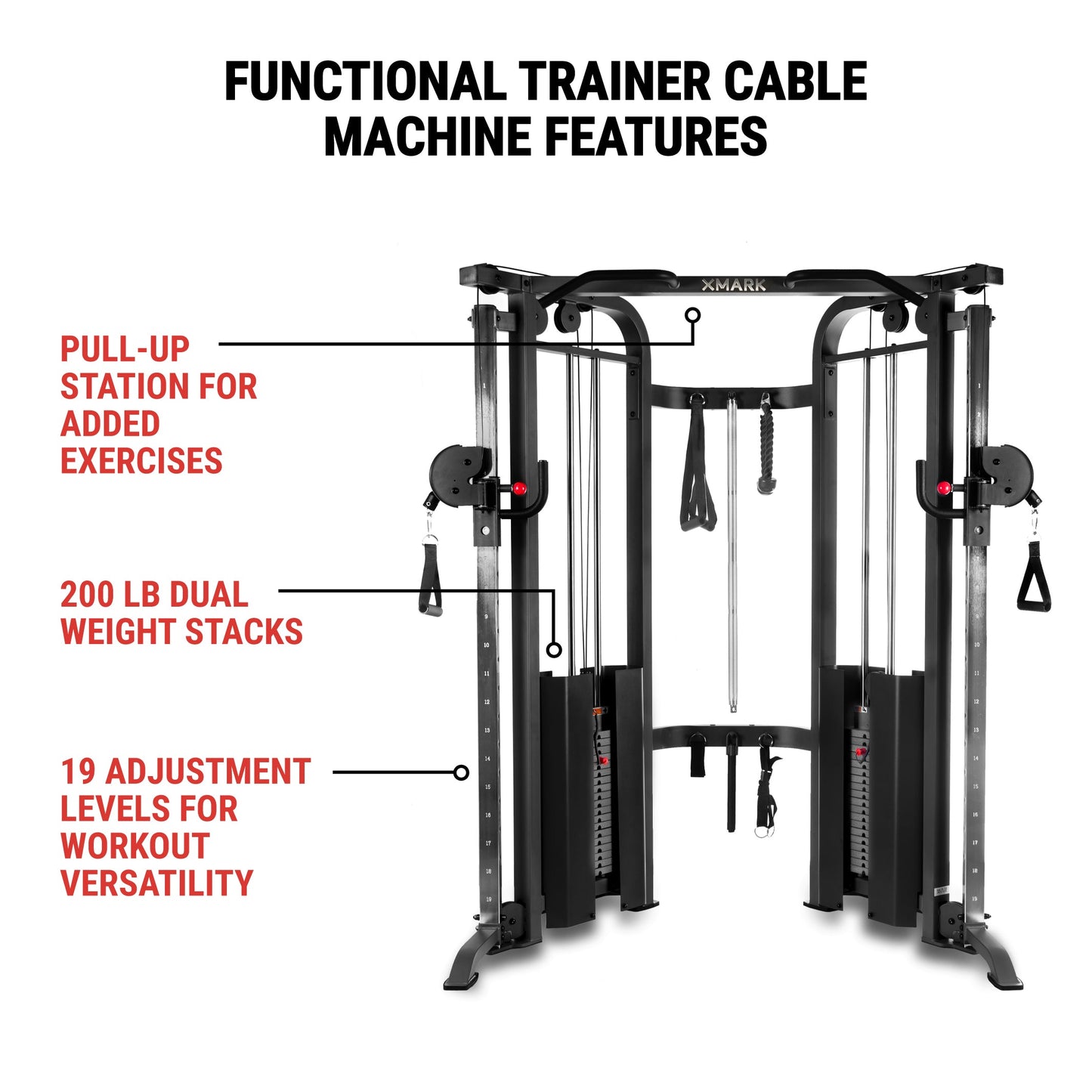 Functional Trainer Cable Machine with 200 lb Weight Stacks and Adjustable Weight Bench