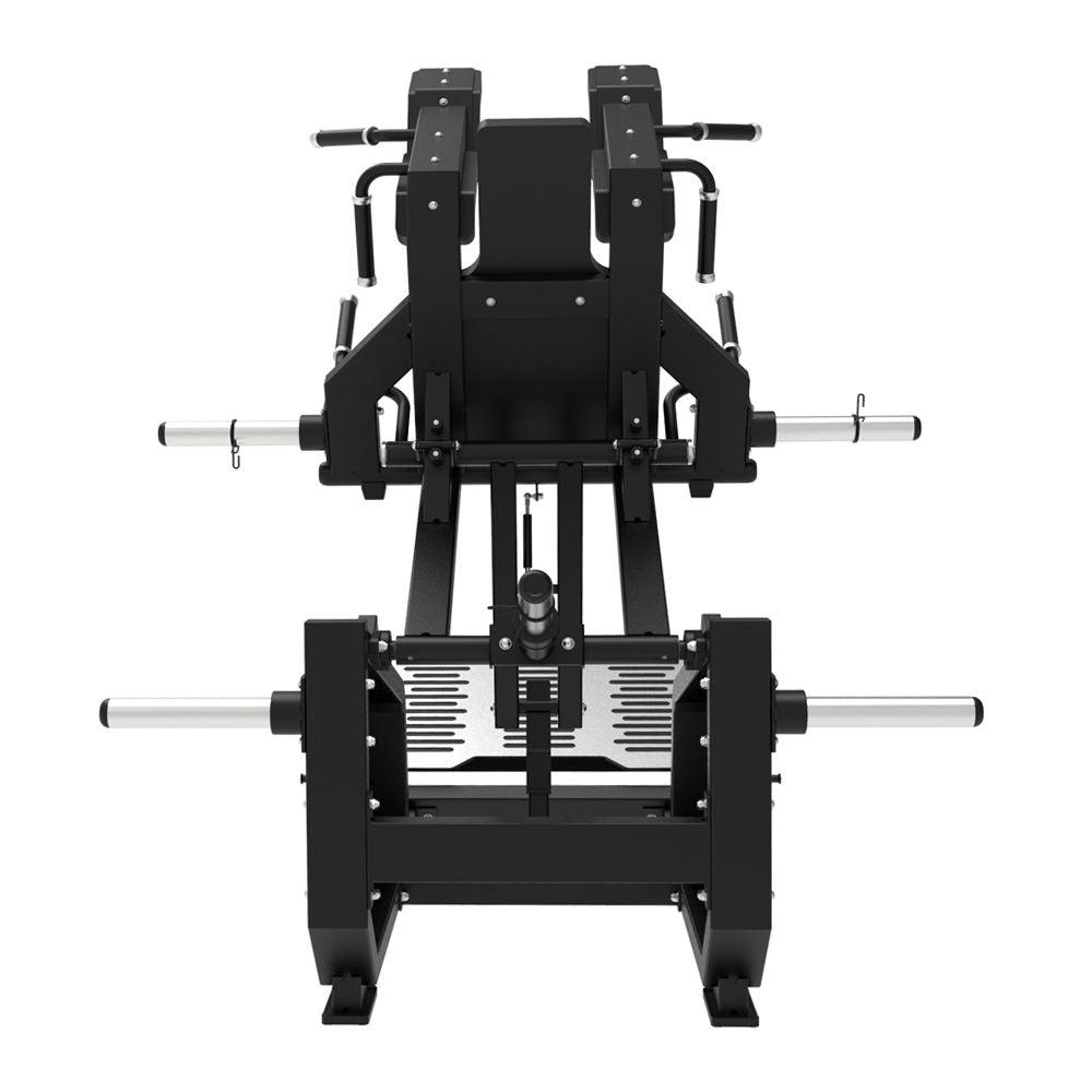Excel Glute Line Hack Squat / Front Squat - Muscle D Fitness - Plate Load Squat Machine - Counter Balanced - Plate Storage Pegs