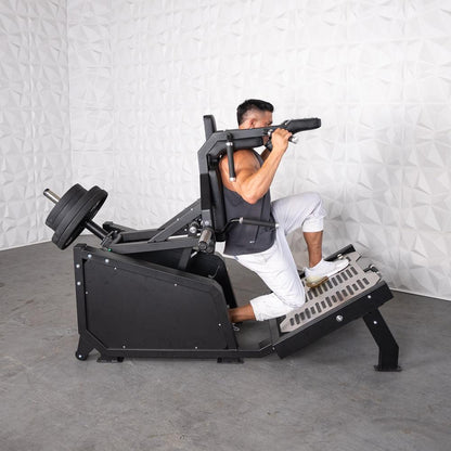 Excel Glute Line Hack Squat / Front Squat - Muscle D Fitness - Plate Load Squat Machine - Counter Balanced - Plate Storage Pegs